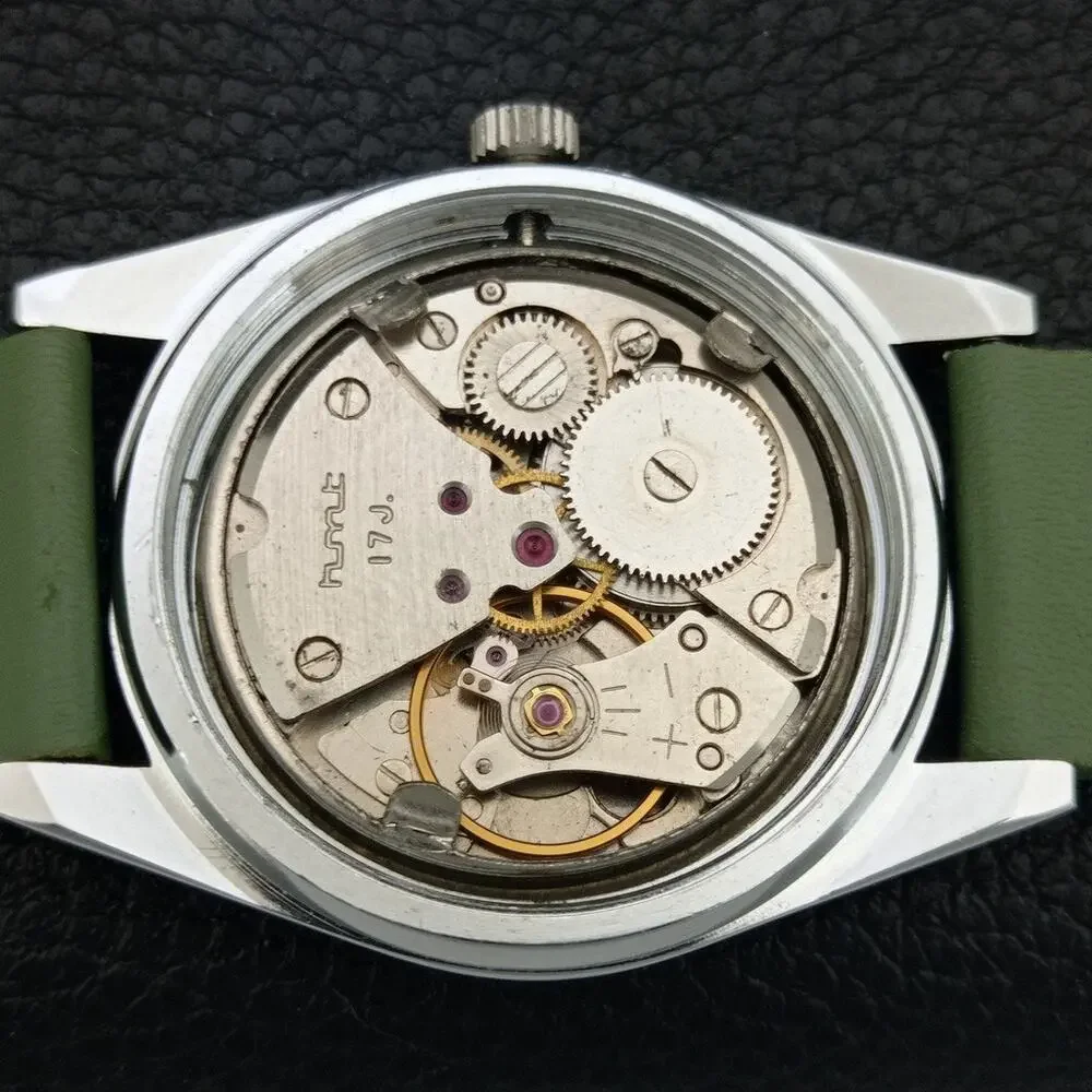 Vintage 1985 HMT Manual Wound Mens Silver Watch & Green accents